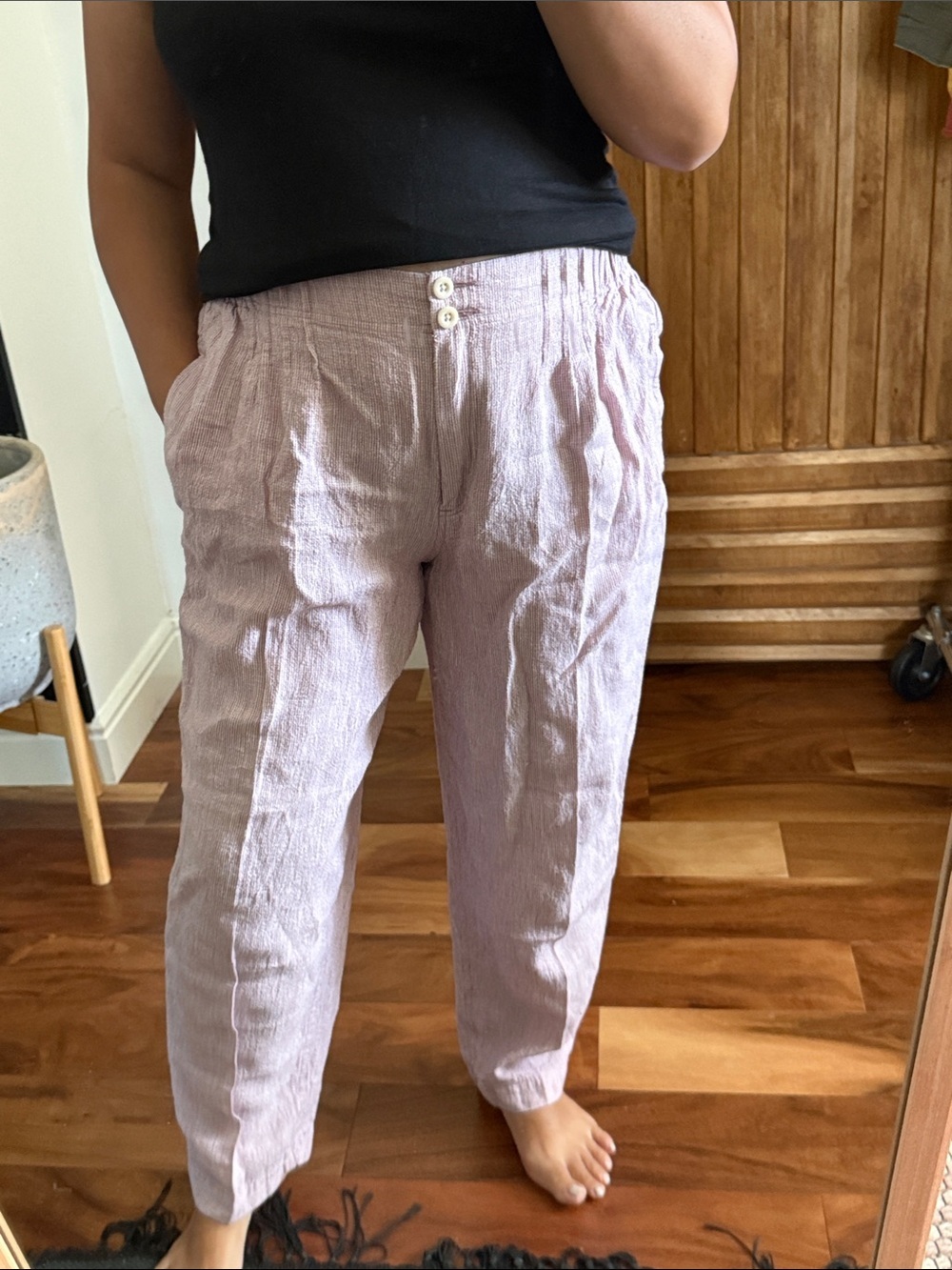 Poetry Cropped Striped Linen Tapered Trouser Yarn Dye linen. Size 10
